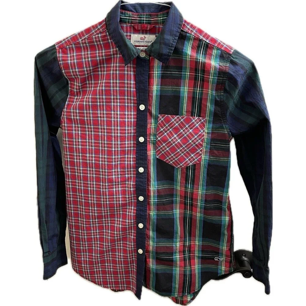 Vineyard Vines Womens Cotton Plaid Patch Shirt Sz 00 Color Block - Picture 1 of 11